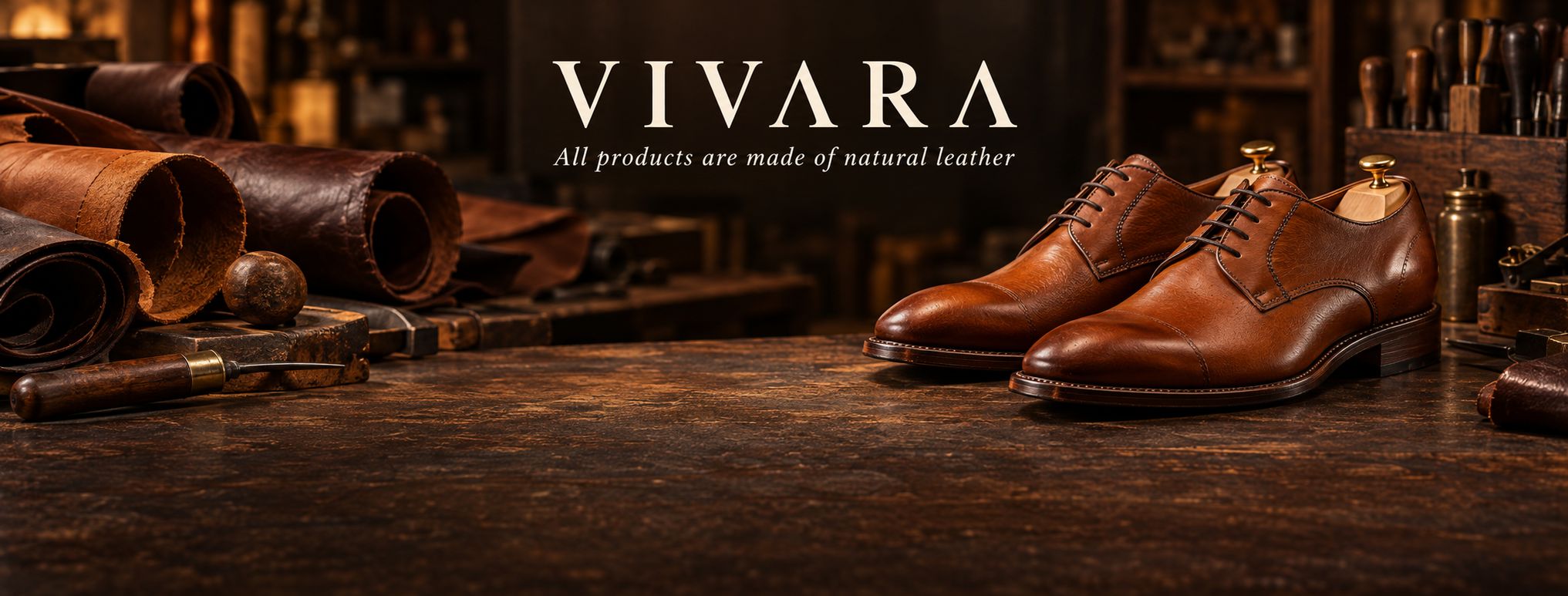 VIVARA cap-toe derby shoes on a leather workshop bench